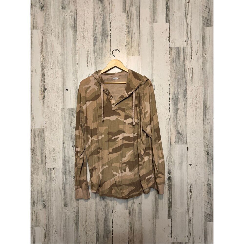 Old Navy Camo Henley Hoodie Pullover Shirt Womens XXL Soft Washed Long Sleeve